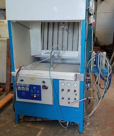 Wet back spray booth, internal dimensions 3 ft wide x 2 ft deep x 2 ft 6” high, complete with pump and extractor fan